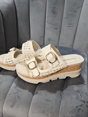 Pierre Dumas Cream Woven Cork Wedge Slide Mules with Gold Buckles